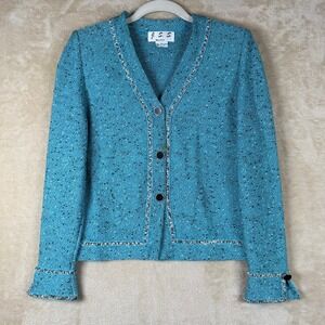 JSS Vintage Turquoise Tweed Blazer Jacket Women's S Career Chic Embellished